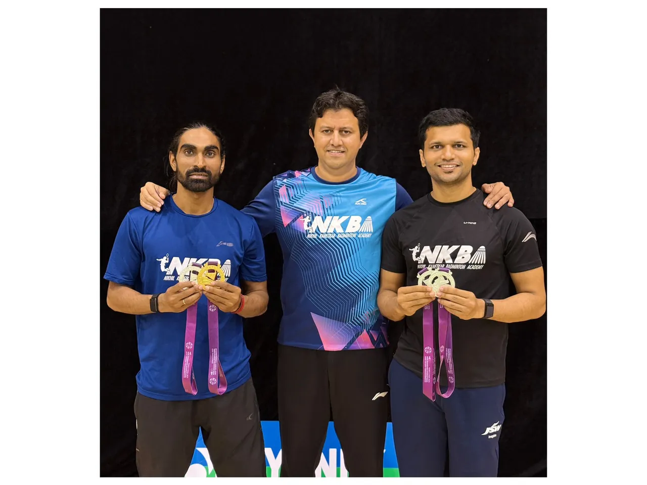 India's para-shuttlers Pramod Bhagat (First from left), Sukant Kadam (First from right) after winning medals in China Para Badminton International 2025 (Image: PCI media)
