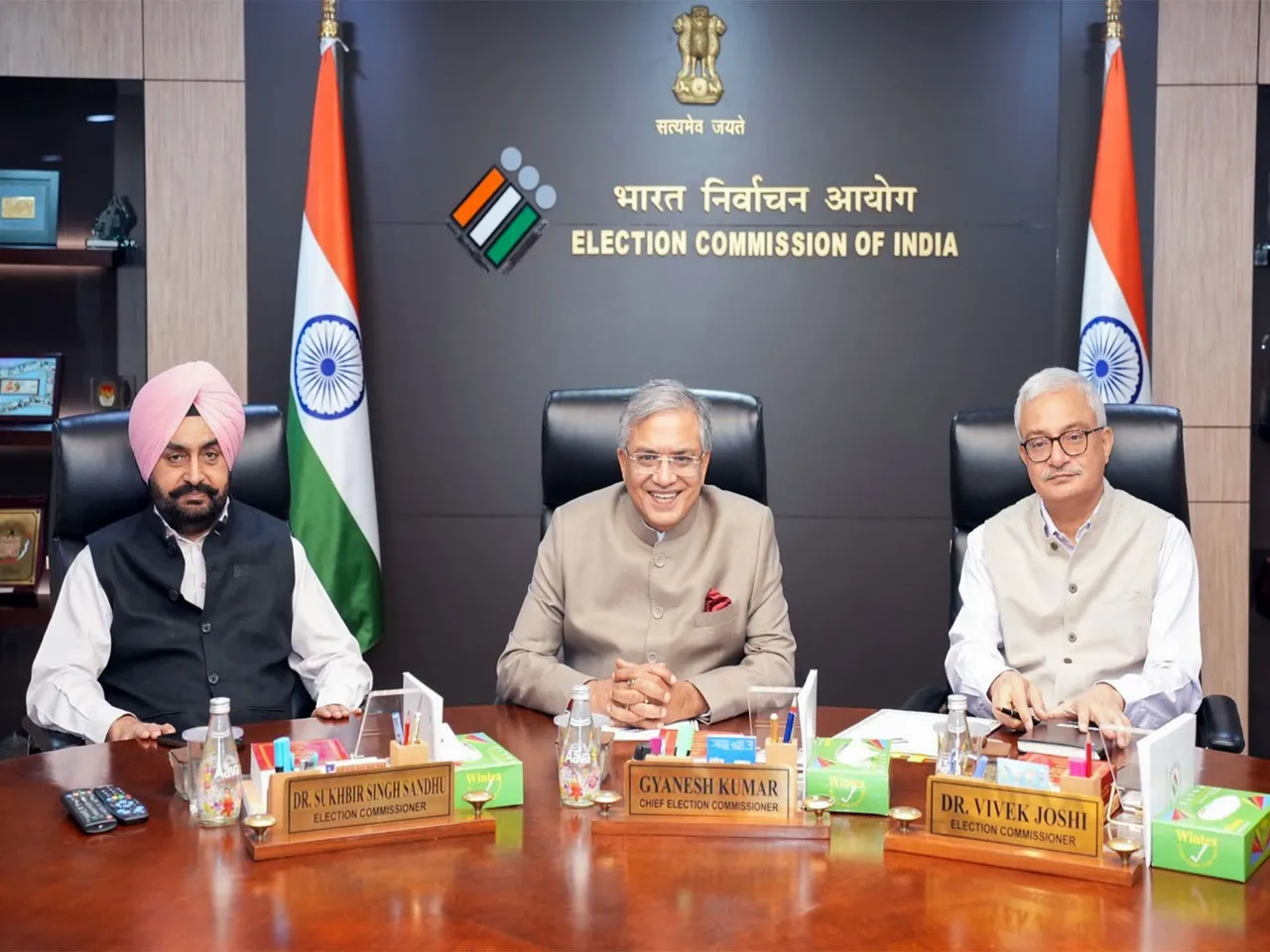 Chief Election Commissioner Gyanesh Kumar (middle), Election Commissioners Sukhbir Singh Sandhu and Vivek Joshi (File photo/ANI)