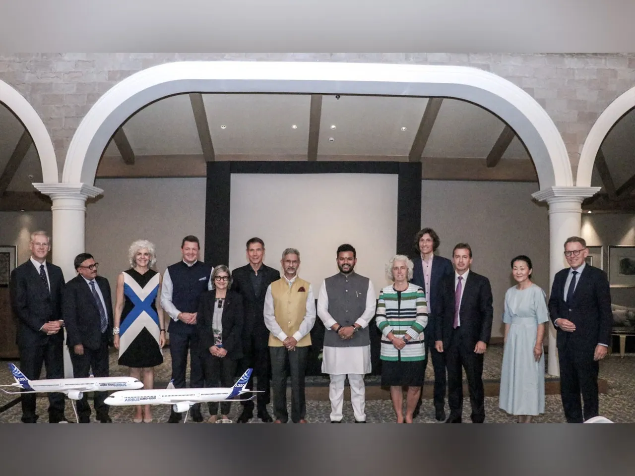 EAM Jaishankar, Civil Aviation Minister Ram Mohan Naidu Kinjarapu with Airbus and IndiGo leadership in New Delhi (Photo/X/@DrSJaishankar)