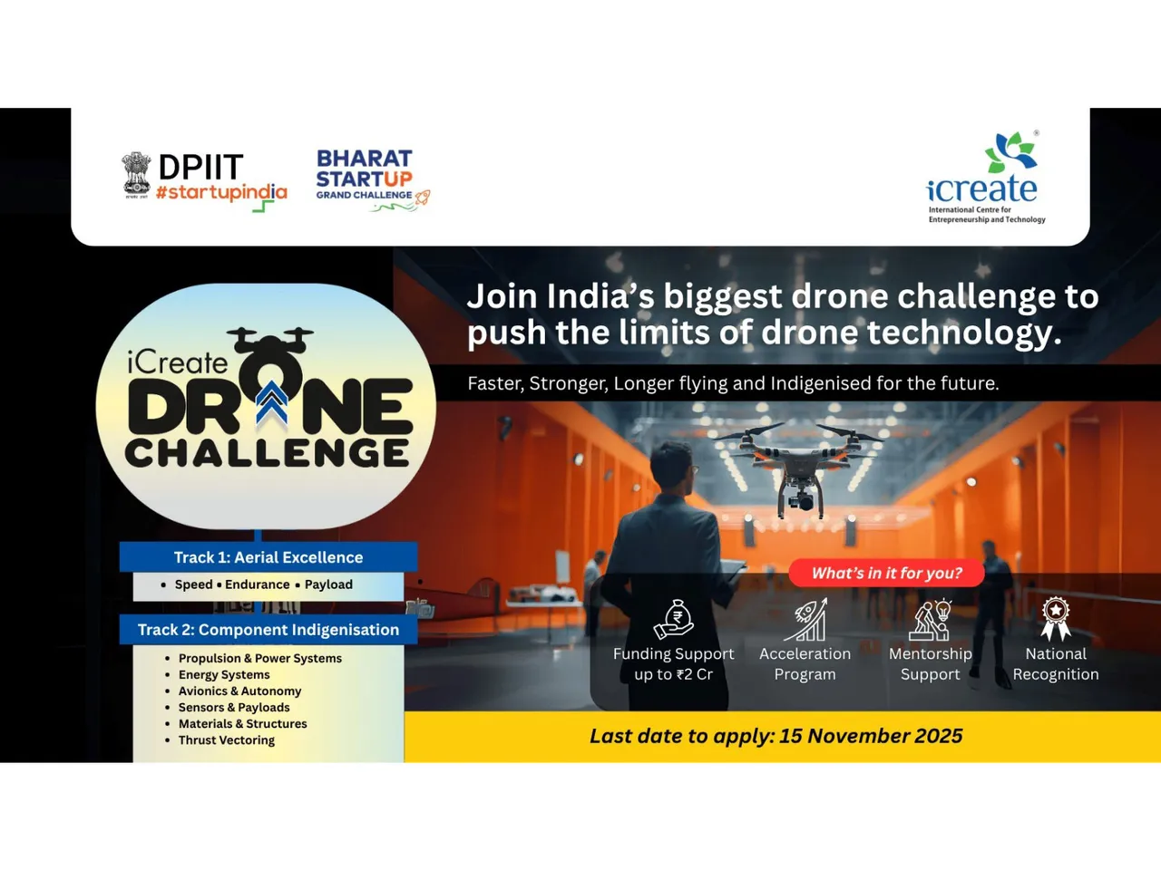 India’s most ambitious platform for breakthroughs in drone performance (velocity, endurance, payload) and critical component indigenization