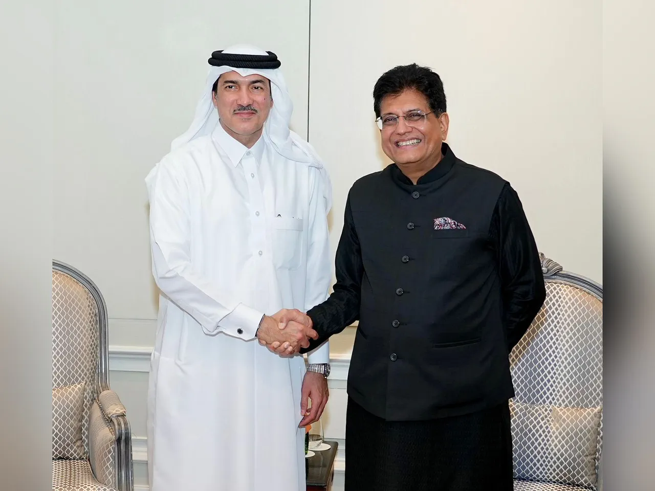 Union Minister of Commerce and Industry, Piyush Goyal with Qatar’s Minister of State for Foreign Trade Affairs, Ahmed bin Mohammed Al-Sayed (Image: X@PiyushGoyal)