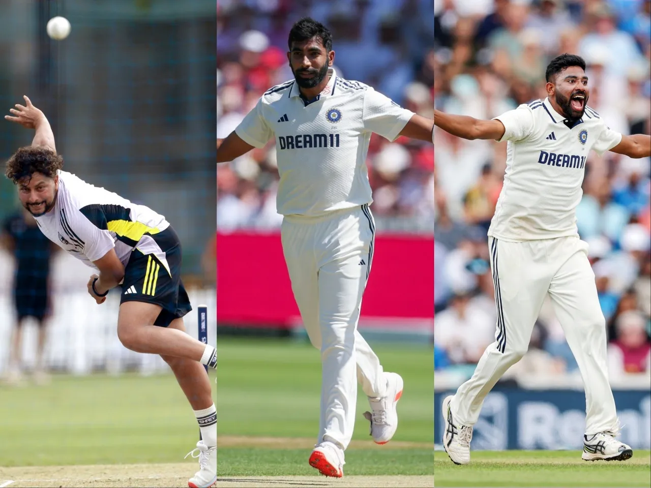 Indian bowlers Kuldeep Yadav (L), Jasprit Bumrah (M) and Mohammed Siraj (R). (Photo: ANI)