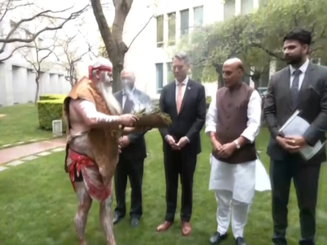 Rajnath Singh accorded traditional ‘Welcome to Country’ ceremony. (Photo/ANI)