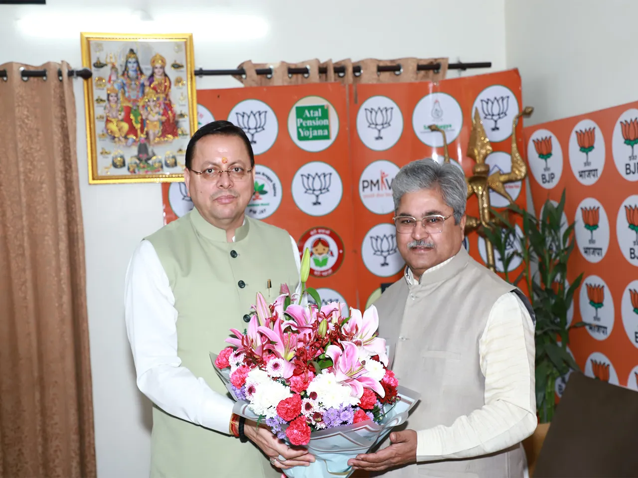 Uttarakhand CM with Uttarakhand State In-charge Dushyant Gautam .(Photo/ANI)