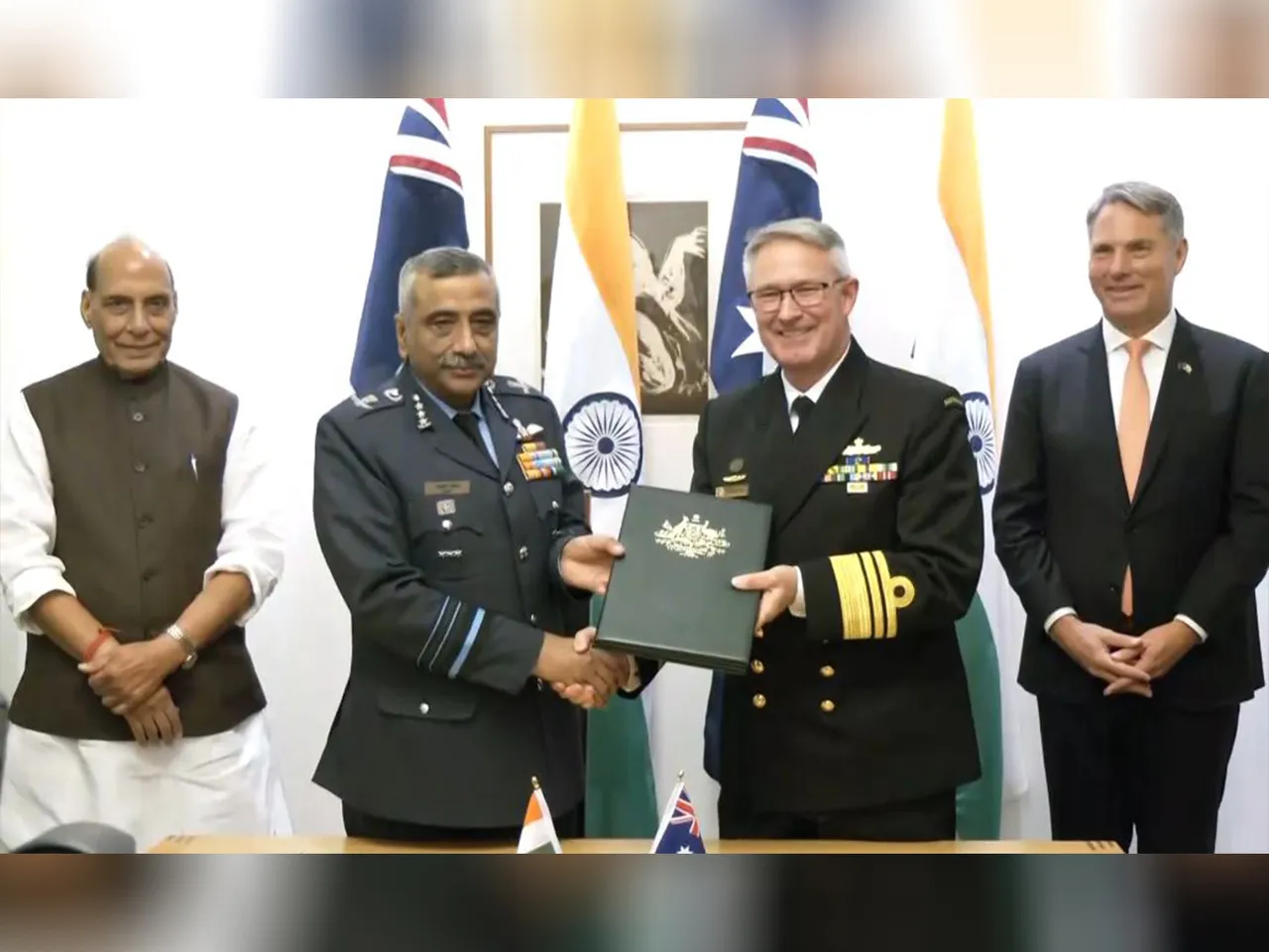 India and Australia ink defence agreements in the presence of Defence Minister Rajnath Singh and Australia Dy PM Richard Marles (Photo/ANI)