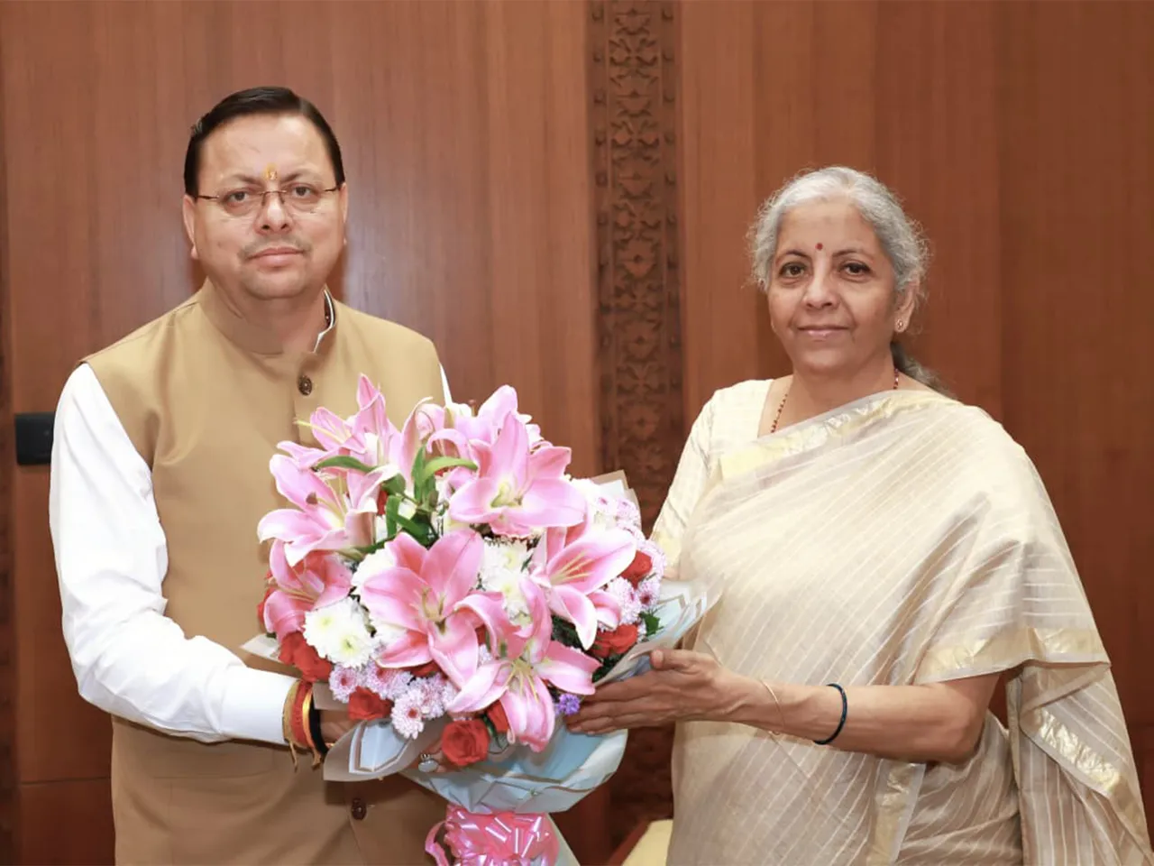 Uttarakhand CM Pushkar Singh Dhami meets Union Finance Minister Nirmala Sitharaman in Delhi. (Photo/ Uttarakhand CMO)