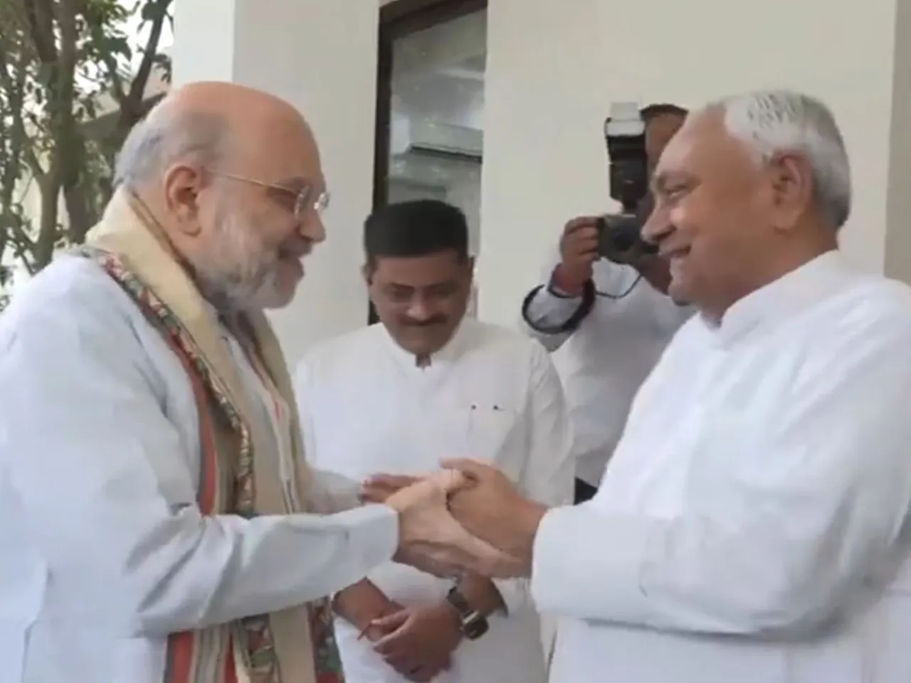 Union Home Minister Amit Shah meets Bihar CM Nitish Kumar in Patna ahead of Bihar polls (Photo/ANI)
