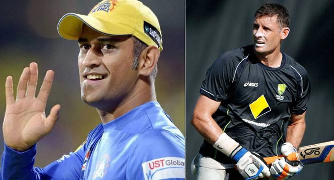 Mike Hussey bats for Indian skipper Mahendra Singh Dhoni