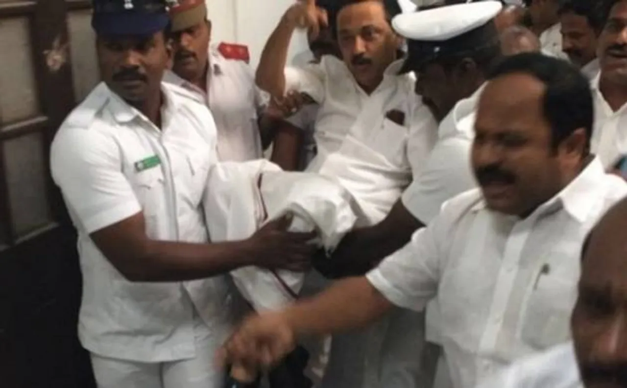 Tamil Nadu assembly: DMK members including MK Stalin evicted, suspended en masse