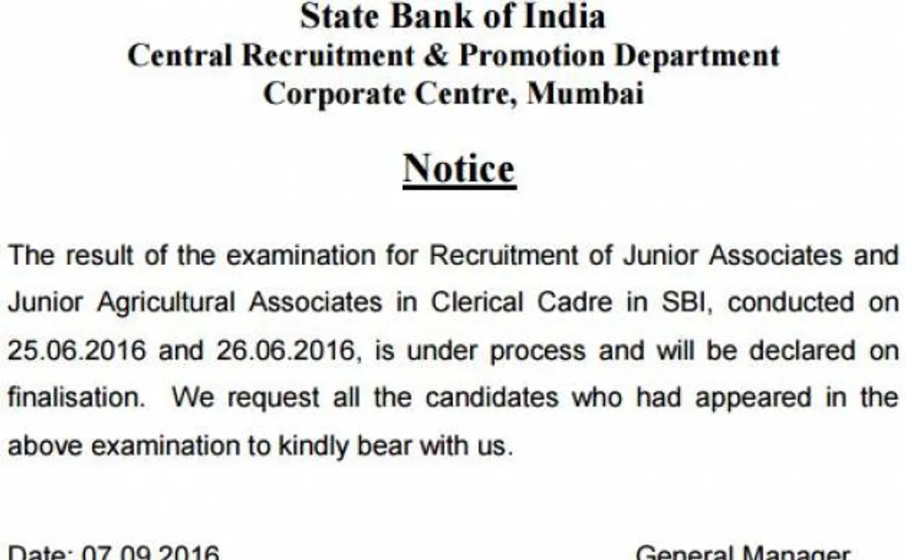 SBI Clerk Results 2016: SBI announces Official notification on JA and JAA; check at sbi.co.in