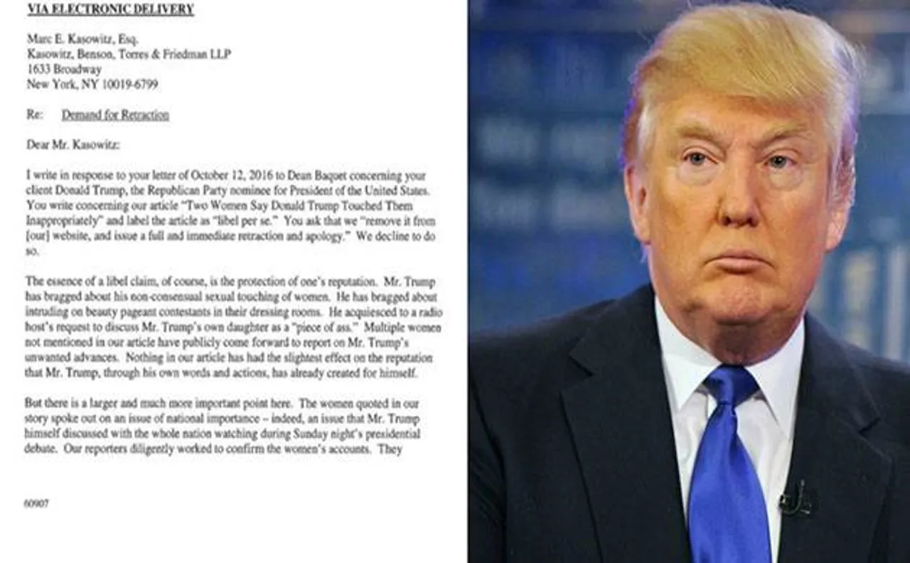 New York Times dares Donald Trump to go ahead with his lawsuit threat, stands by its story accusing Republican nominee of sexual assault