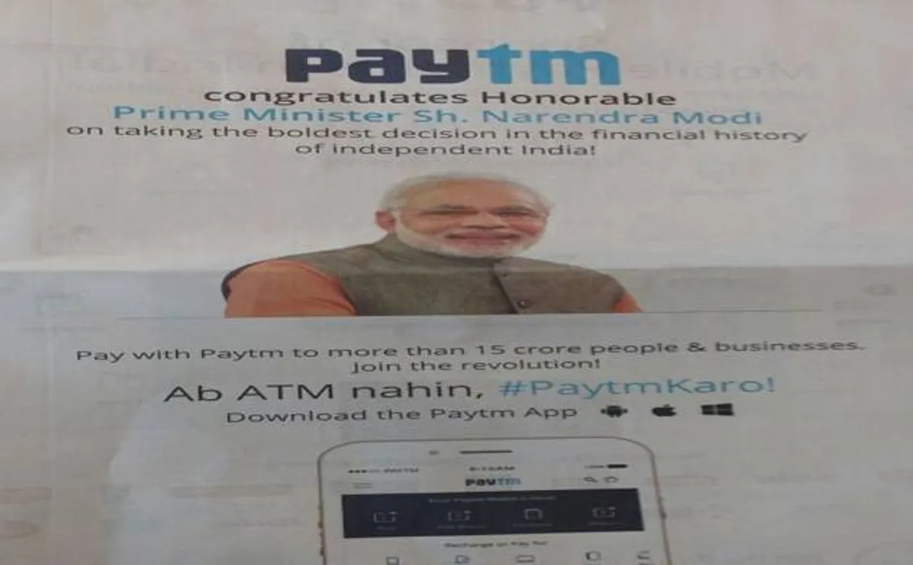 New Paytm ad in newspapers thanking PM Modi for demonetisation move draws flak from opposition
