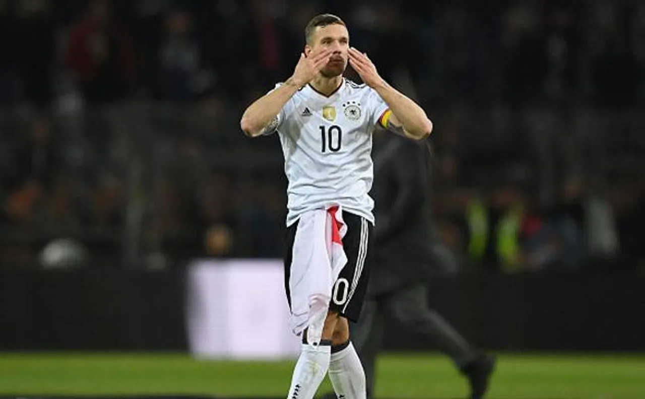 German football legend Lukas Podolski bids adieu to international soccer with thunderbolt strike to defeat England 