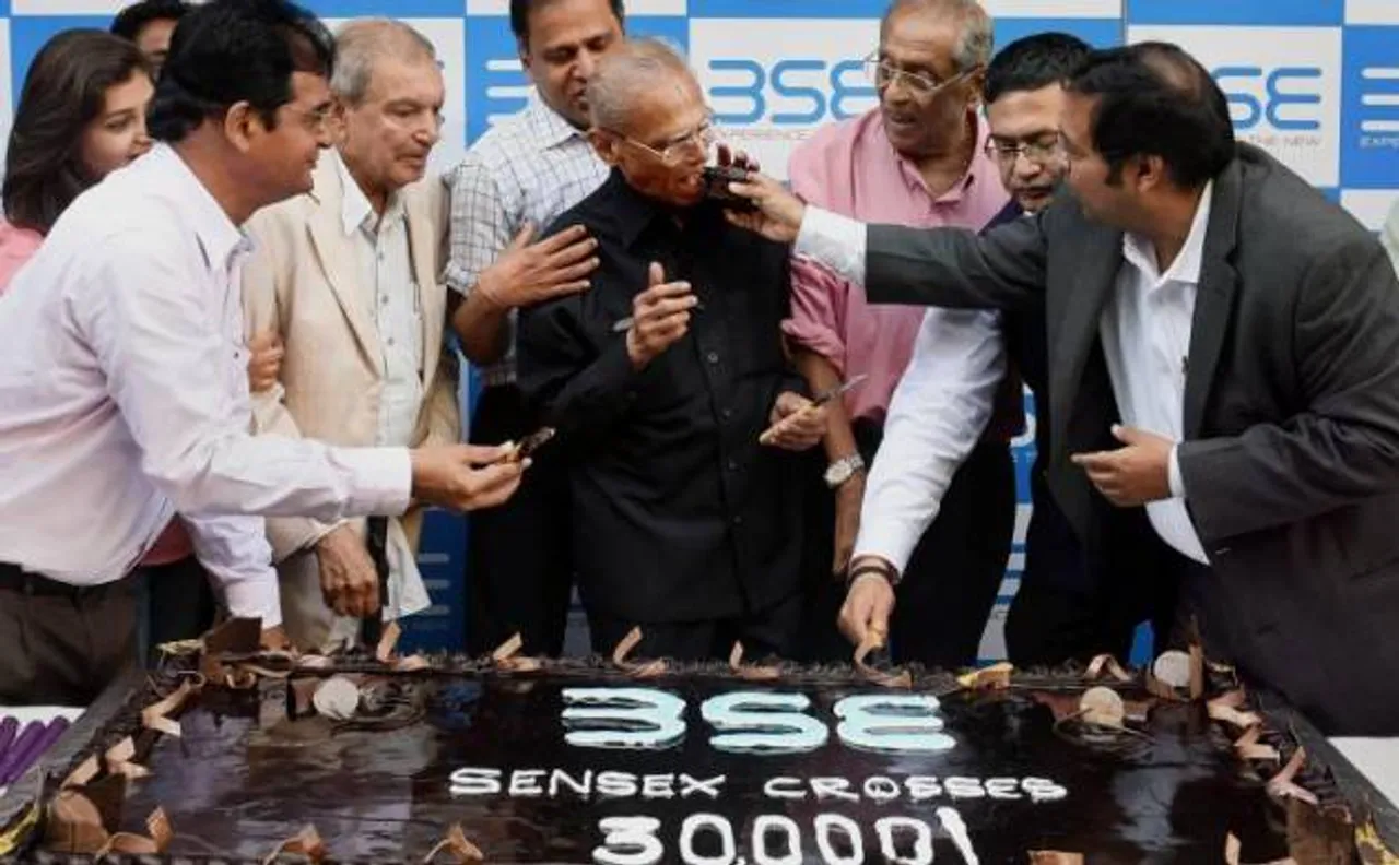 Celebrations at BSE as Sensex ends above 30,000 mark