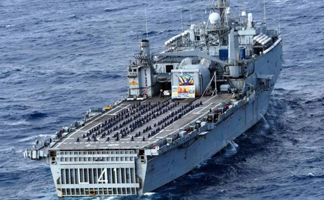 International Yoga Day: Navy personnel perform Yoga onboard INS Jalashwa, Kirch in Bay of Bengal