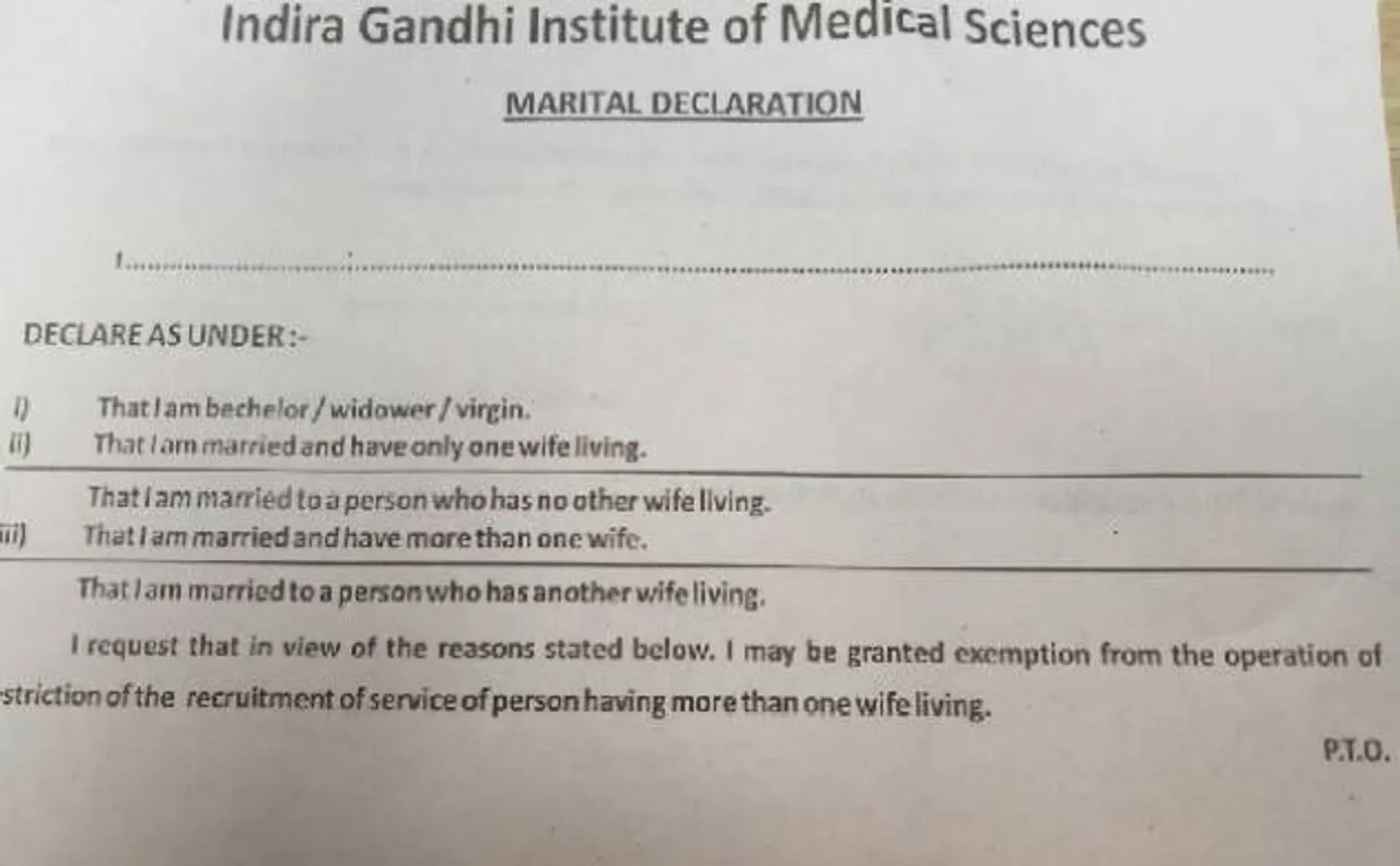 Are you a virgin? Do you have more than one wife? IGMIS Patna to employees in marital status declaration form