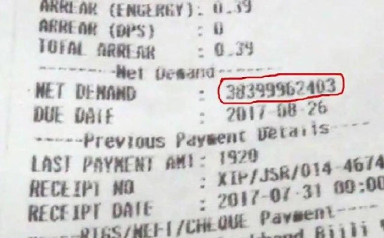 Jamshedpur man slapped with Rs 38 million electricity bill