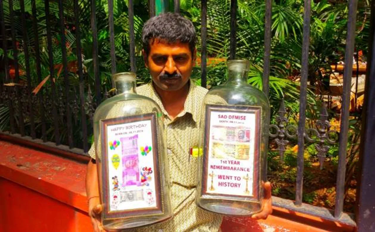 Bengaluru's bottle artist celebrates birthday of new currency and mourns death of demonetised notes