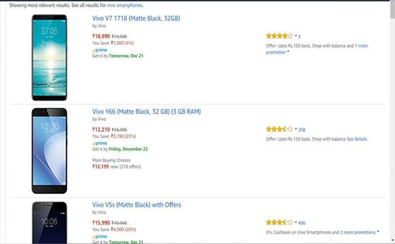 Amazon Vivo Carnival: Attractive discounts, cashbacks on Vivo smartphones including V7, V7+