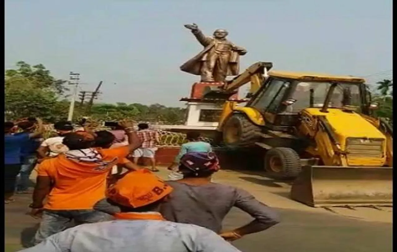 BJP workers bring down Communist icon Lenin's statue in Tripura's Belonia town amid chants of Bharat Mata ki Jai