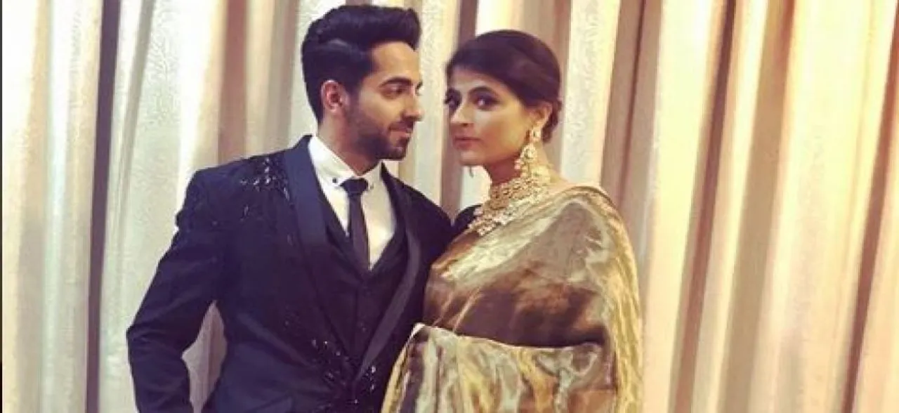 Tahira Kashyap, in her golden armour, accompanies Ayushmann Khurrana to DeepVeer reception