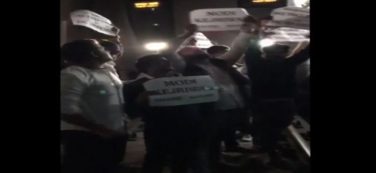 NSUI members stop metro train to demand concession in metro fare for Delhi University students