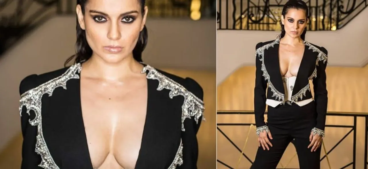 Kangana Ranaut's black open jacket look with plunging neckline gives edgy fashion rerun