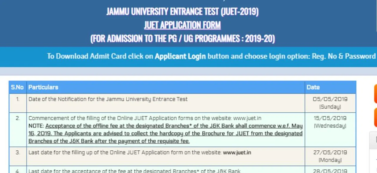 JUET 2019 Admit Card released by Jammu University, visit juet.in to download
