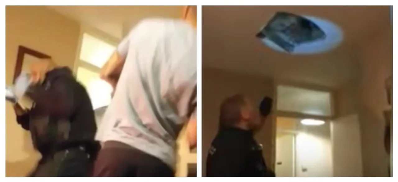 WATCH| Wanted man hiding in attic falls right on top of cops looking for him 