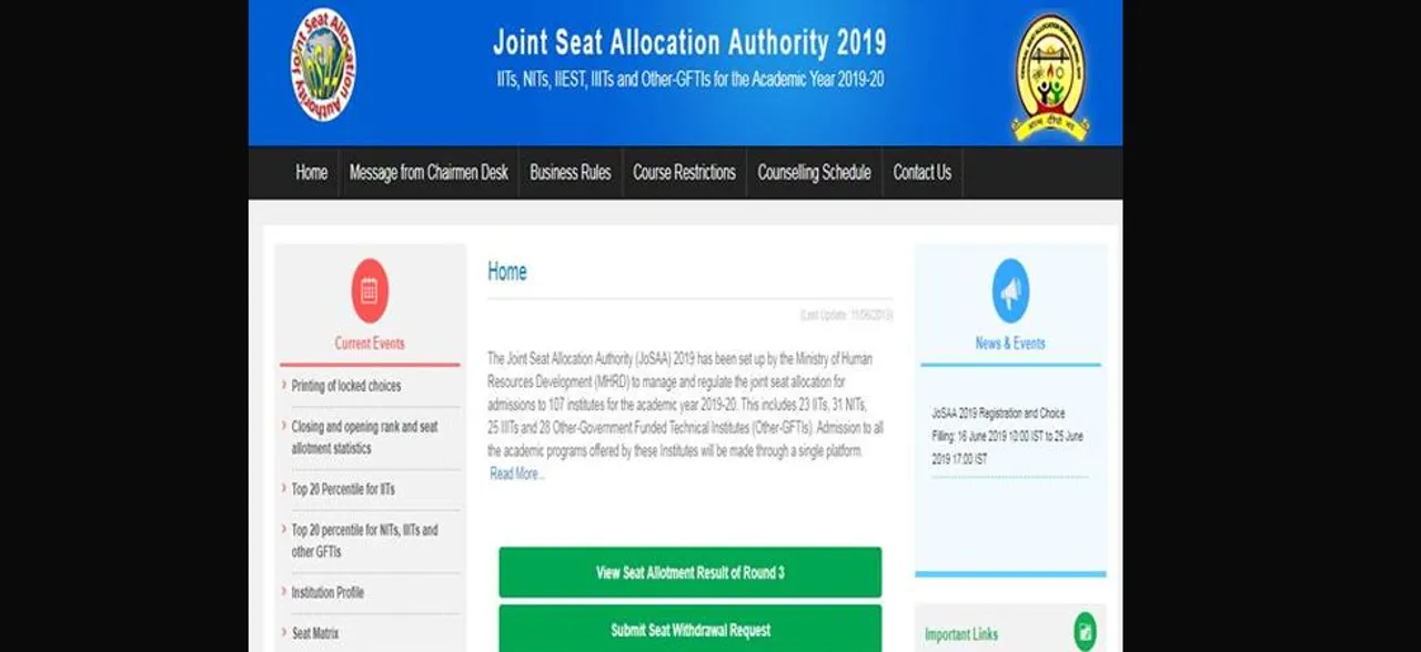 JoSAA Round 4 Seat Allotment result 2019 to be declared today, check at josaa.nic.in