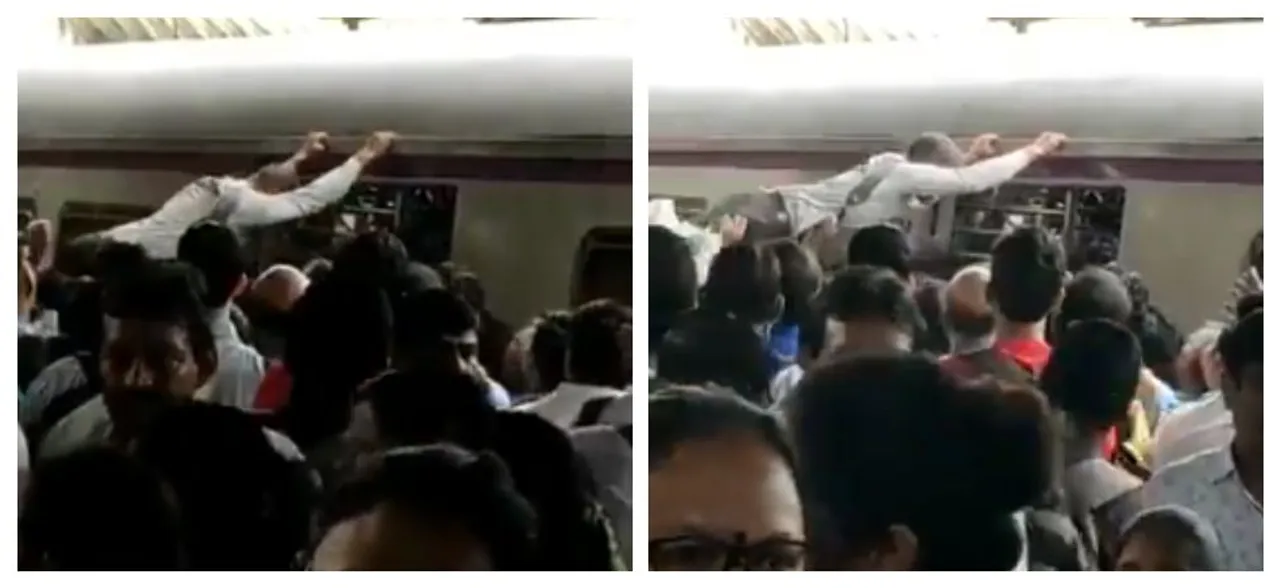 Everyday relatable things for Mumbaikars and Delhiites: Man gets swept away by crowd despite clinging to train, WATCH
