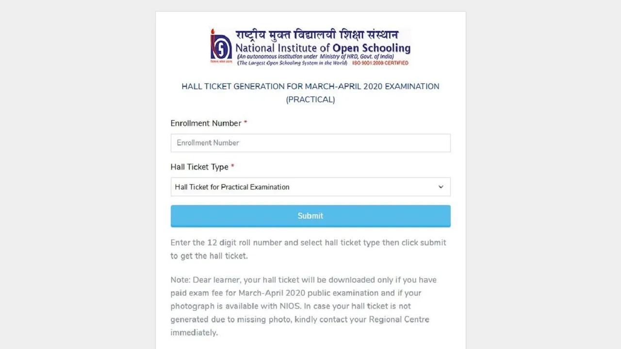 nios practical exam admit card 2020