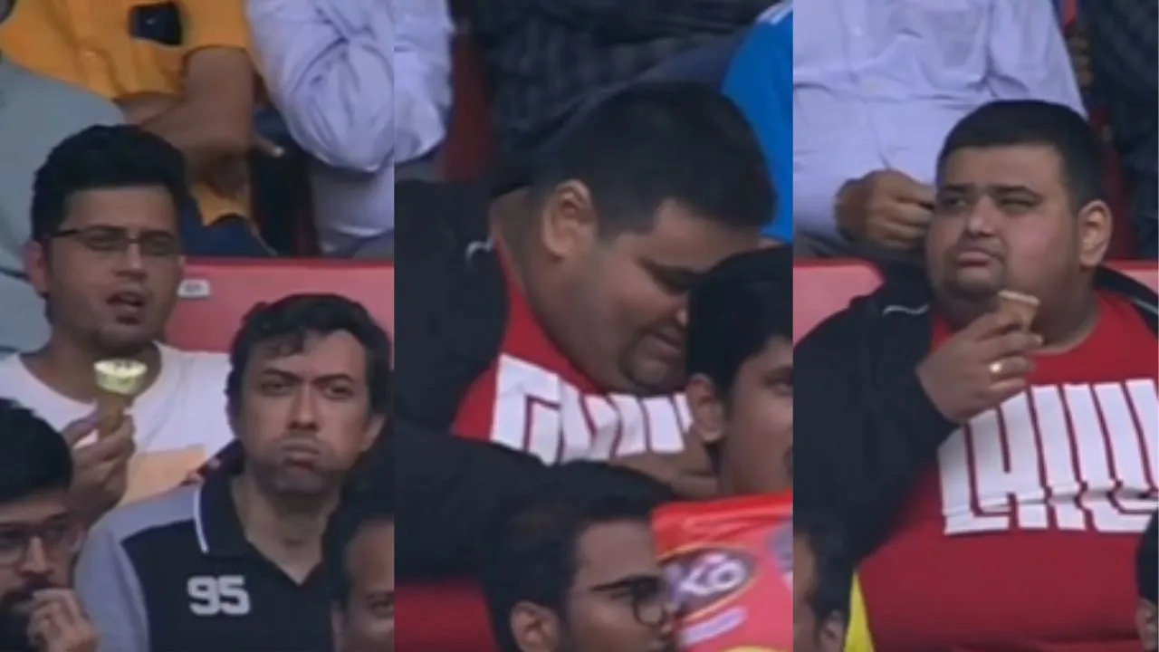 Fan was enjoying ice cream had to hide his face as he came on big screen during IND vs NZ 