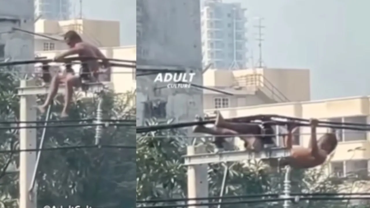 Young man exercising swinging electrical wires