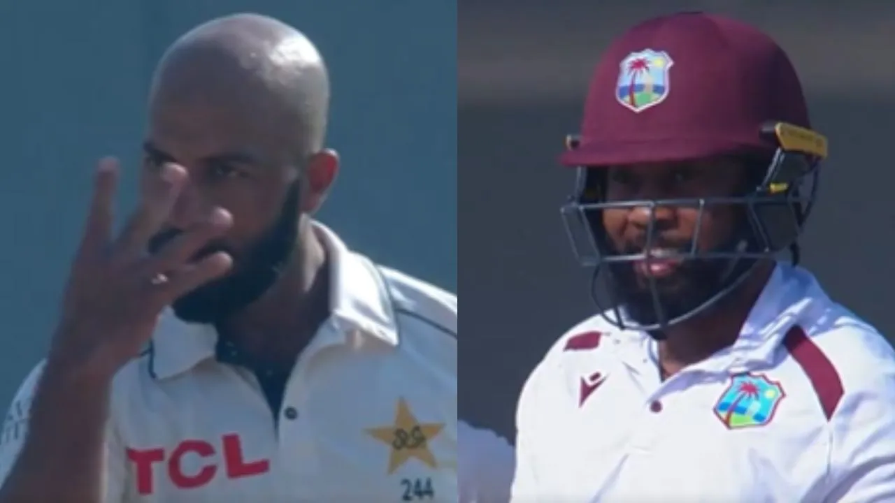 PAK vs WI Pakistan spinner Sajid Khan shows fingers to West Indies Jomel Warrican watch 