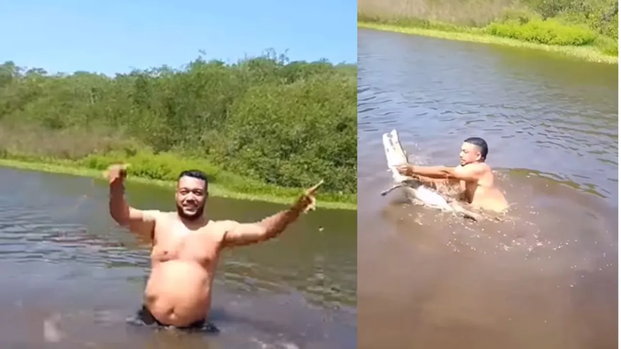 viral crocodile attack video in river