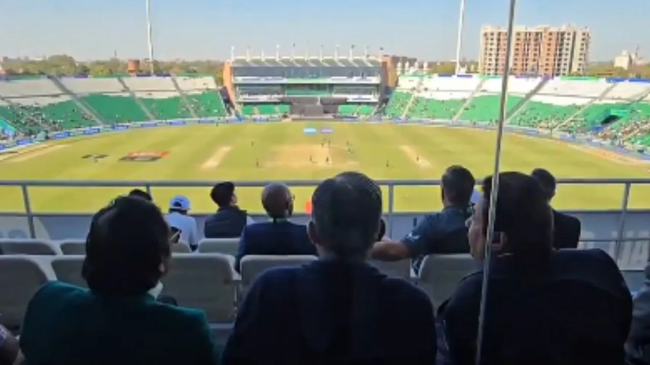 BCCI Vice President Rajeev Shukla attends SA vs NZ semi final in Lahore seen taking tea with PCB chairman Mohsin Naqvi