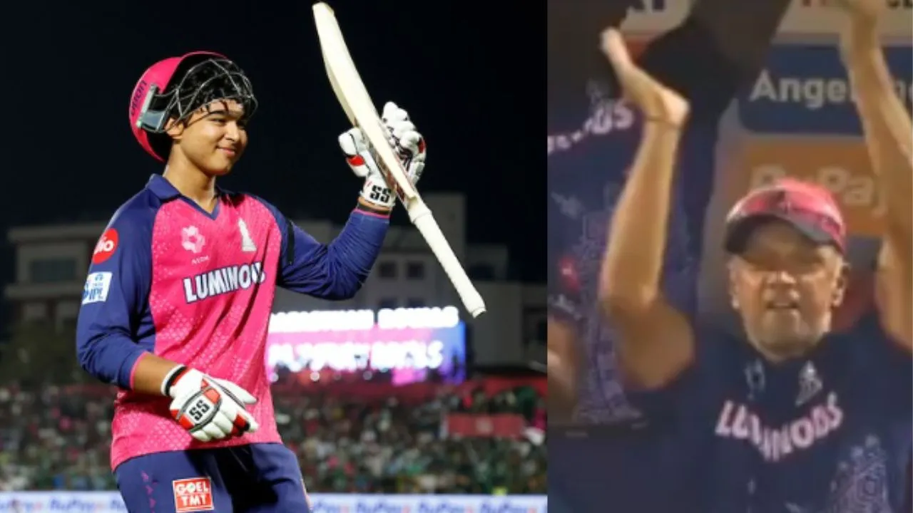 Rahul Dravid forgot his injury celebrated Vaibhav Suryavanshi century like this watch video RR vs GT IPL 2025 