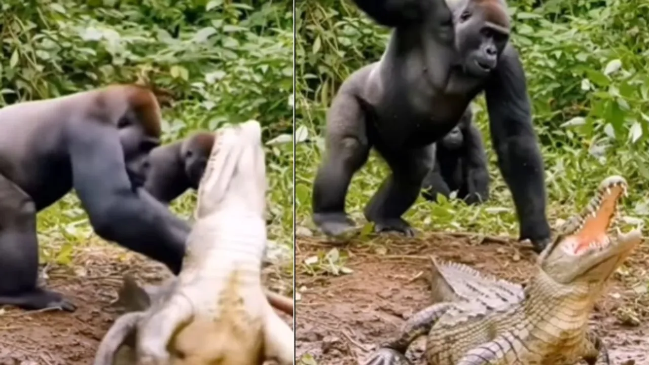 gorilla beat up the crocodile