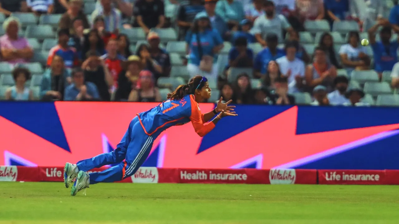 ball was miles away but Radha Yadav managed to pull off a stunning catch