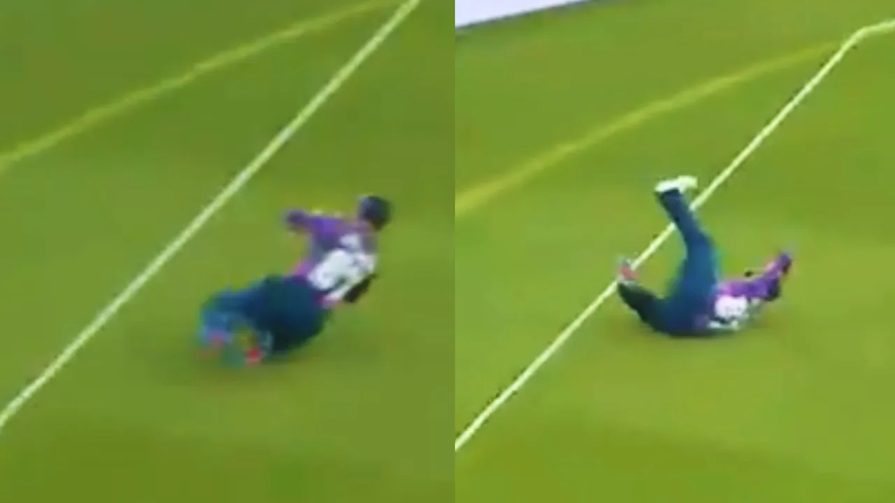 Kane Williamson slips badly near the boundary rope still managed to take a stunning catch