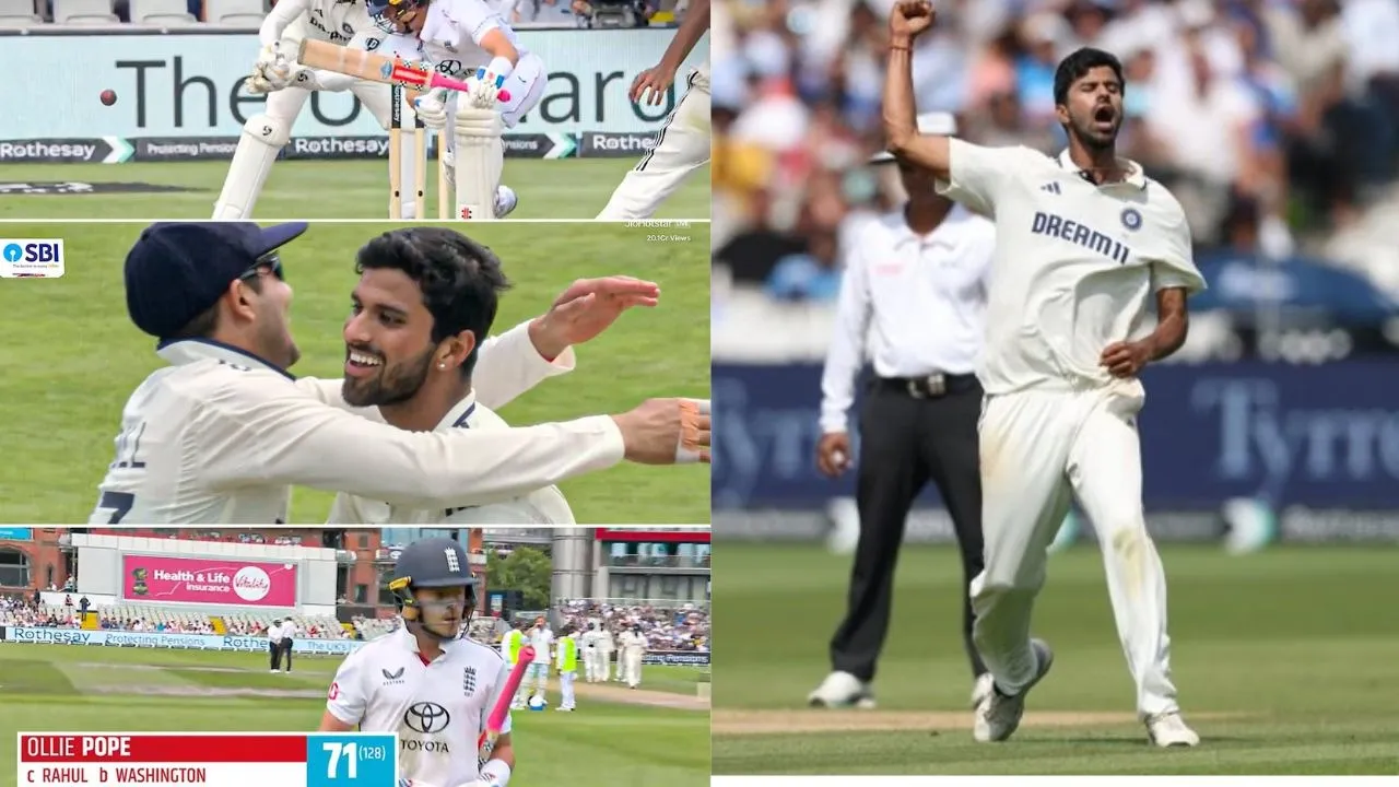 washington sundar take wicket of ollie pope during ind vs eng manchester test