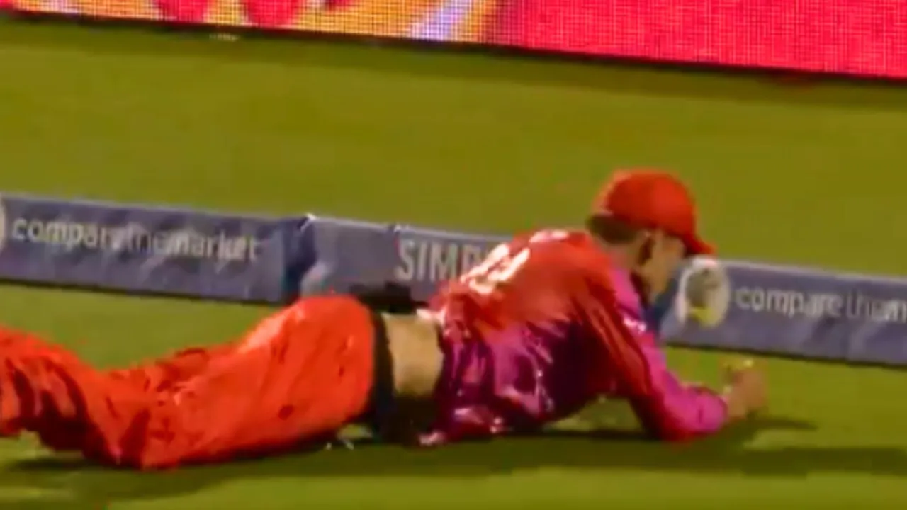 Chris Green took a ripper close to the boundary rope in the mens hundred league
