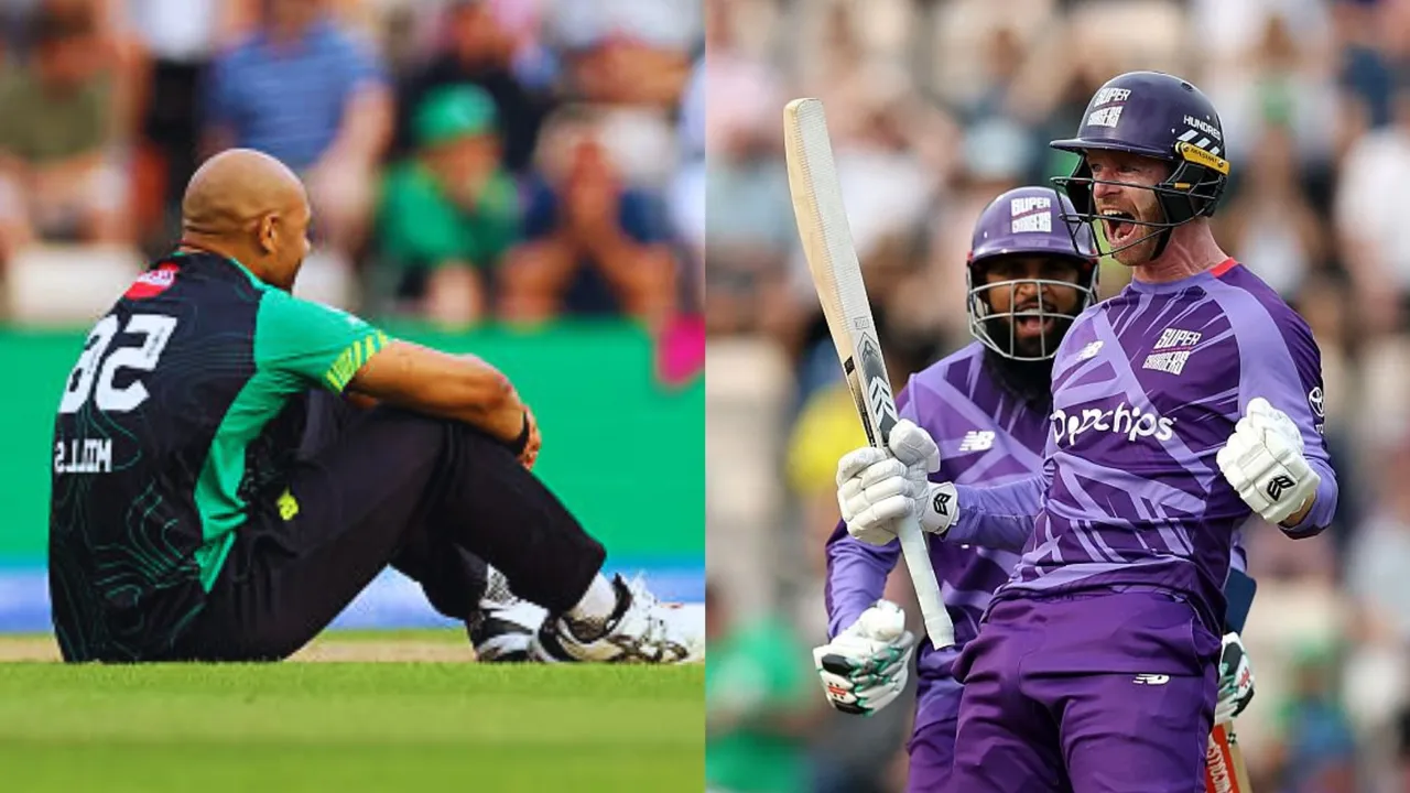 5 runs needed to win on the last ball Graham Clark hit tymal mills for six to seal the match