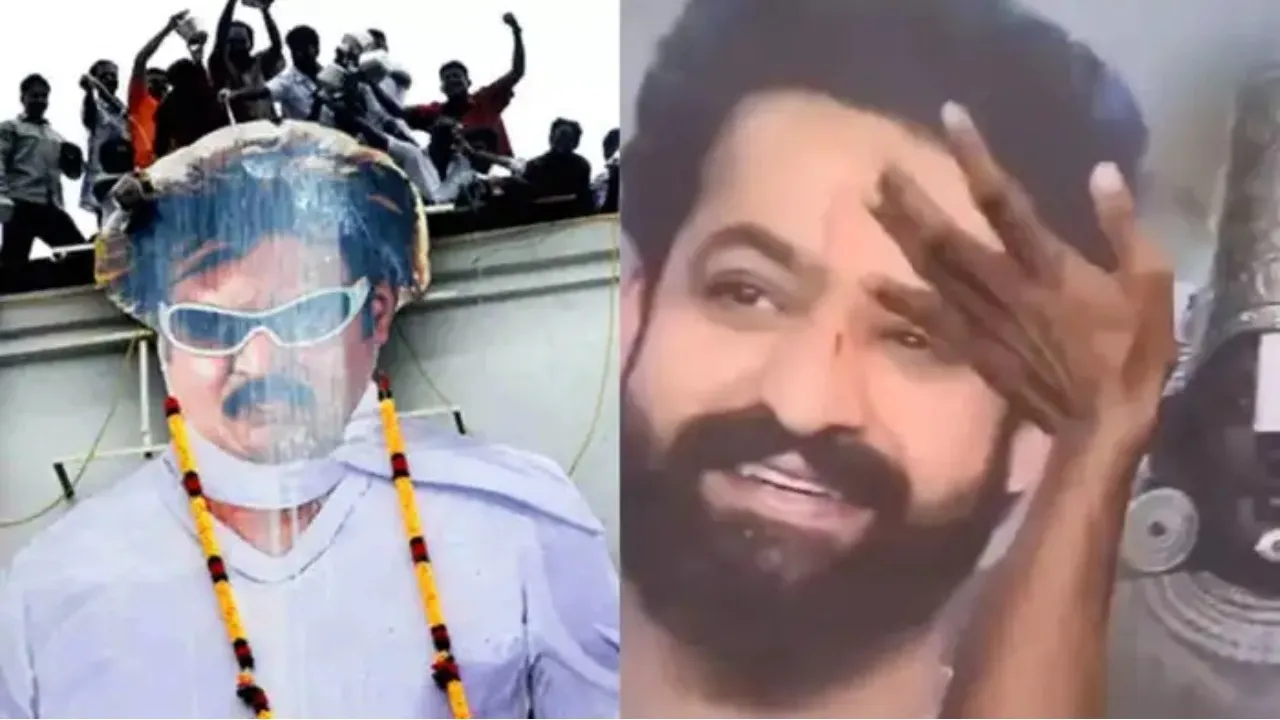 Jr NTR poster has blood tilak and Rajinikanth poster has milk fans celebrating theatres