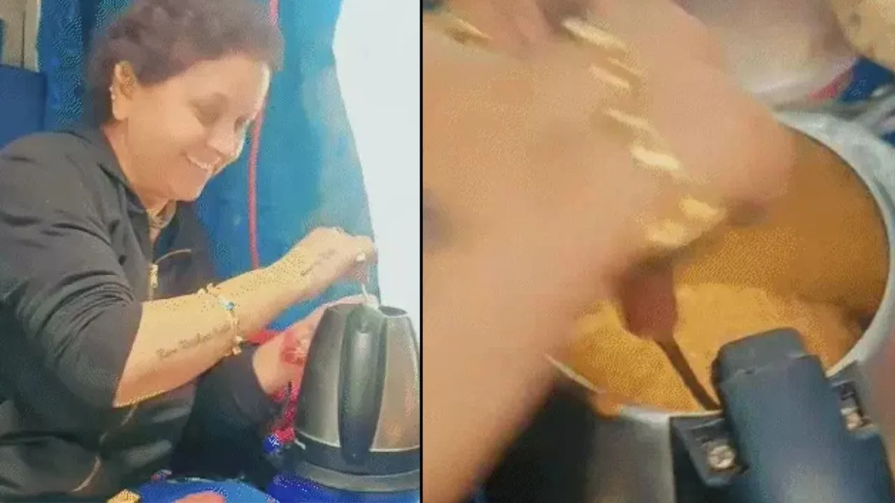 Women Cooked noodles and Tea in Electric Kettle in Train