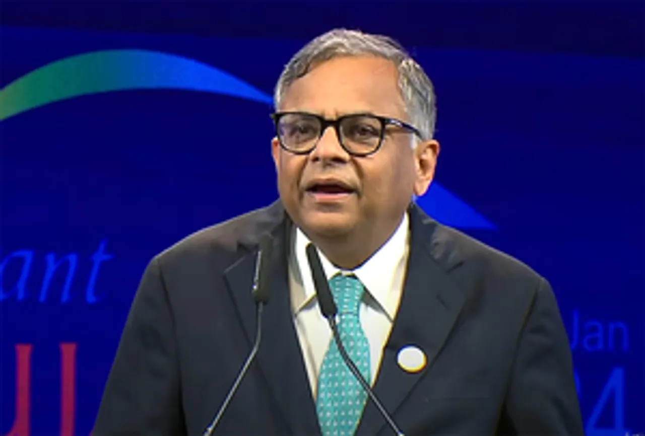 Gandhinagar: Chairperson of Air India N Chandrasekaran speaks during the Vibrant Gujarat Global Summit 2024