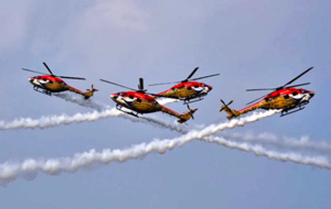 Hyderabad: Indian Air Force's 'Sarang' aerobatic team performs during Wings India 2024