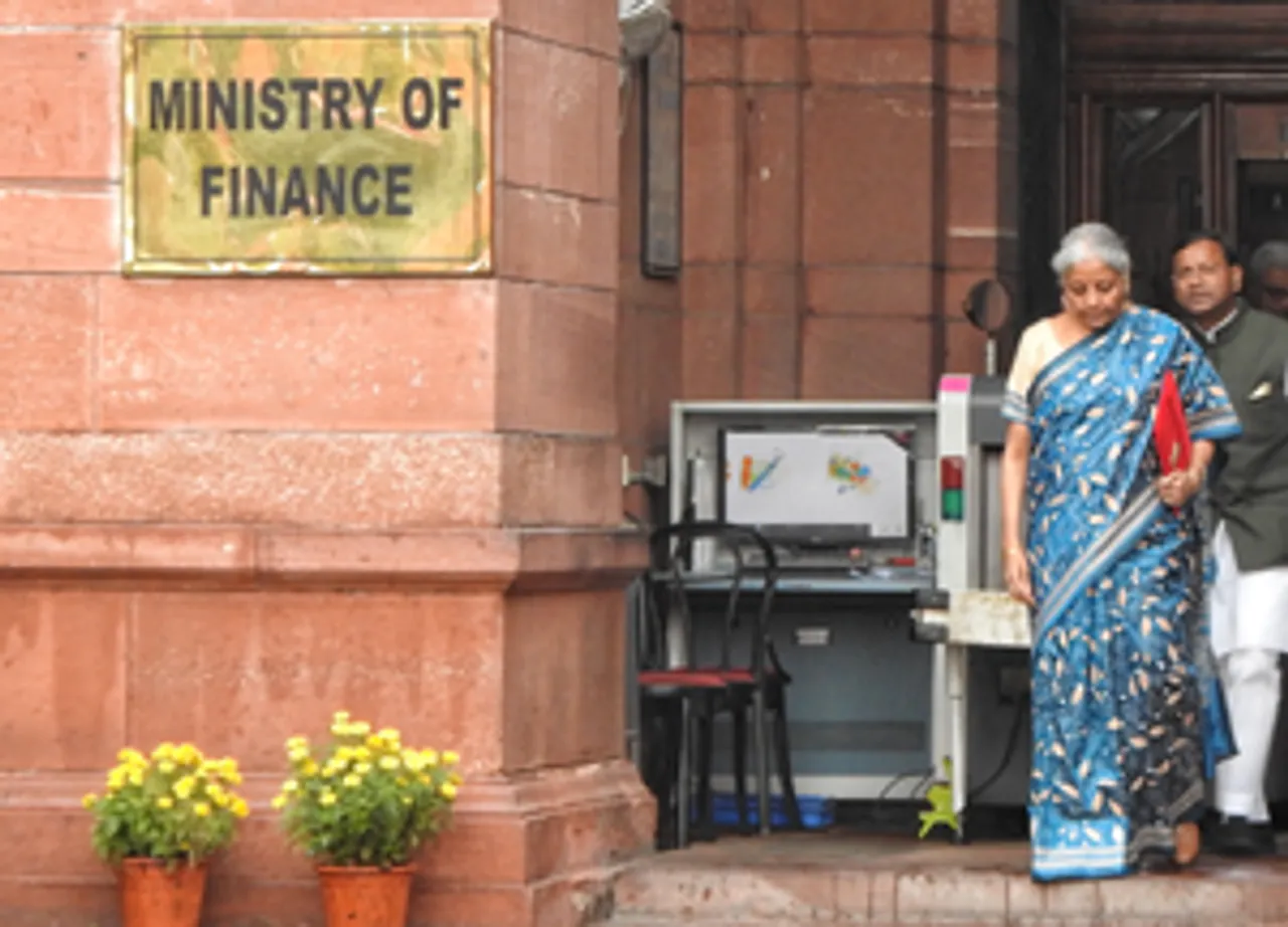 New Delhi: Union Finance Minister Nirmala Sitharaman carrying a digital tablet containing the Interim Budget 2024 leaves from Finance Ministry ahead of the presentation of the budget