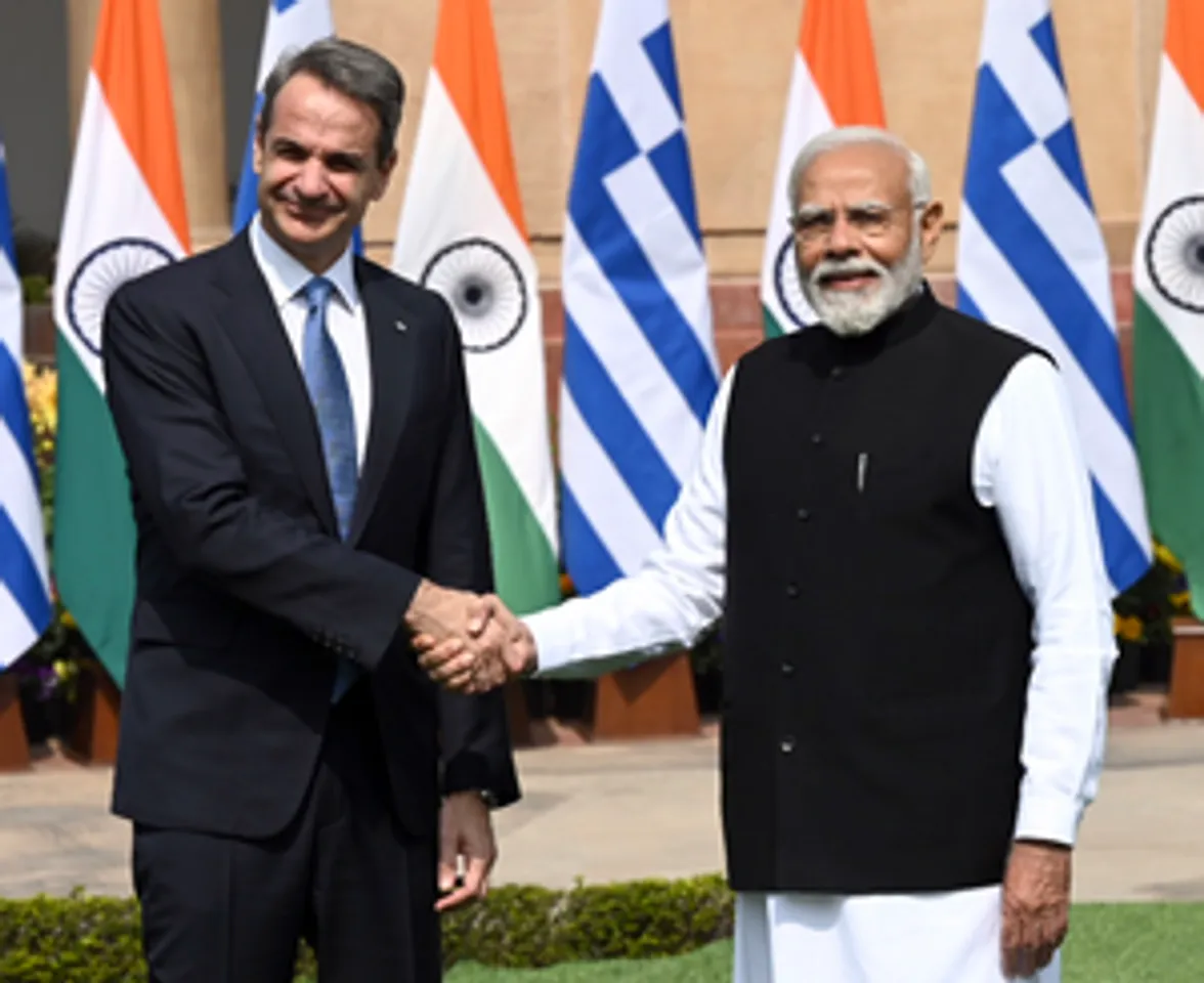 New Delhi: Prime Minister Narendra Modi with Prime Minister of Greece Kyriakos Mitsotakis at the Hyderabad House
